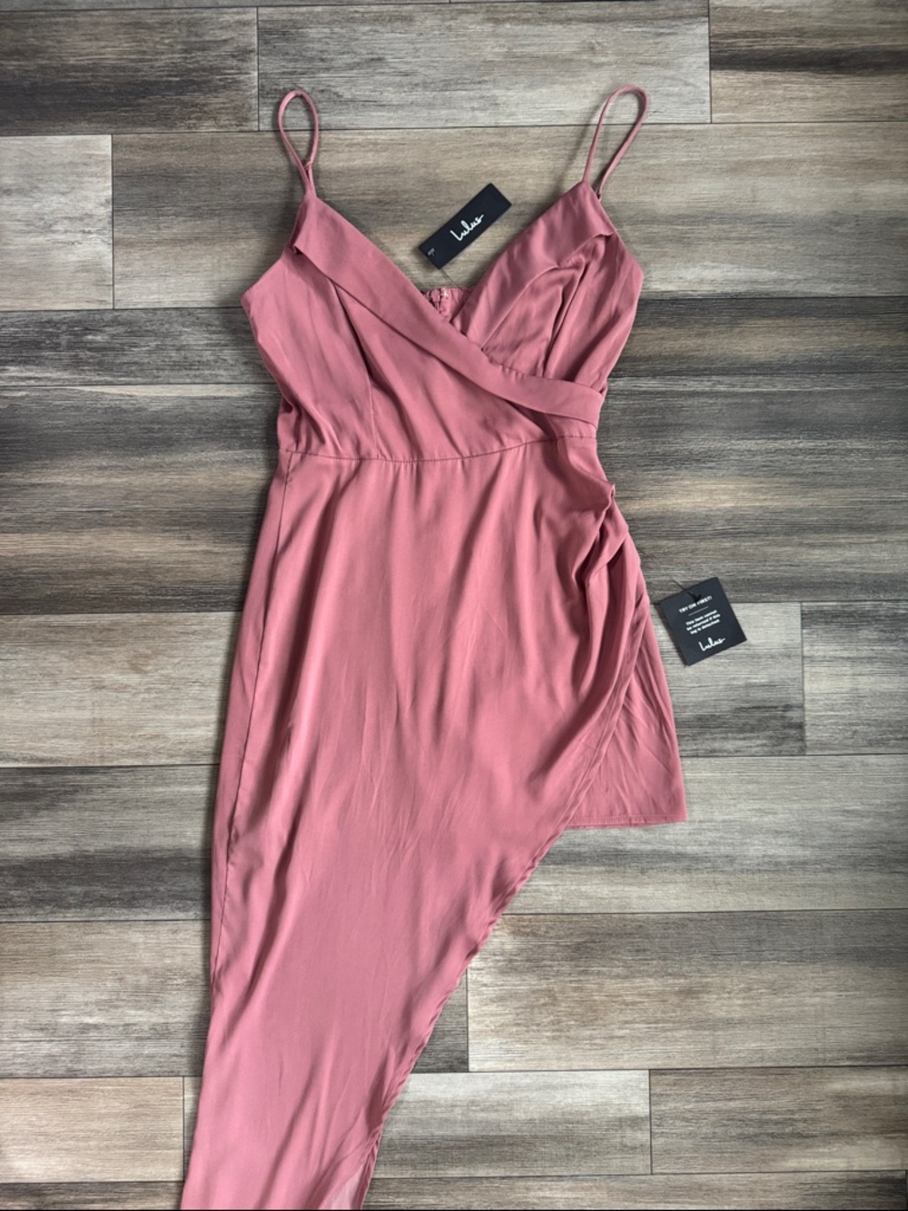 Lulu's Dusty Rose Spaghetti-Strap Asymmetrical Wrap Dress